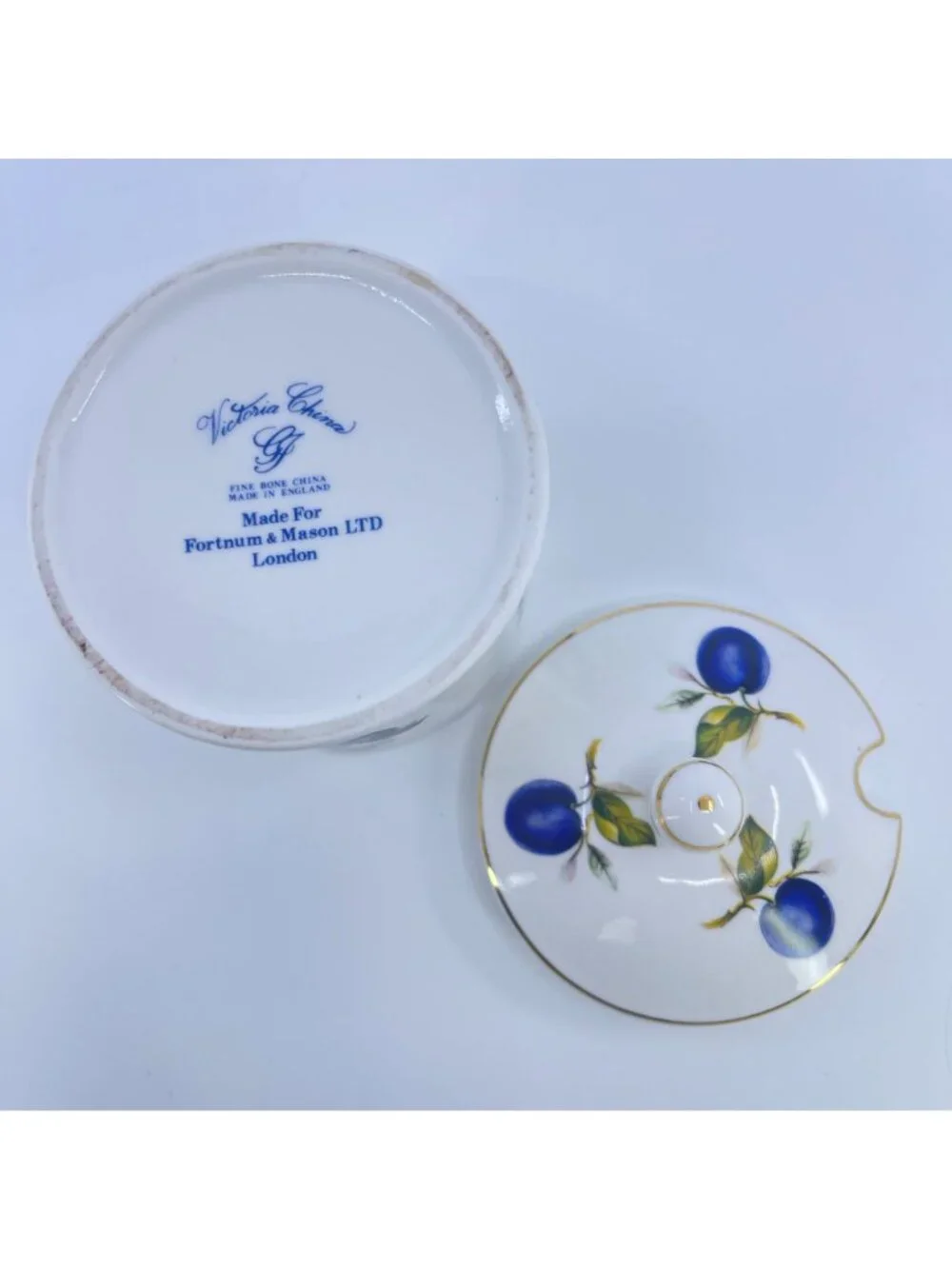 vintage fortnum & mason jam jar fine bone china blue plum motif gold trim